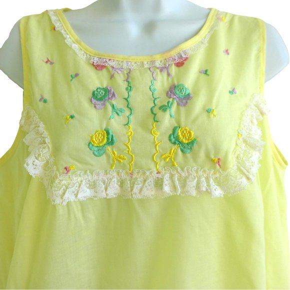 Vintage Other - Vintage MCM By Beverly Yellow Nightgown Floral Embroidery Ruffled Lace Bib Trim